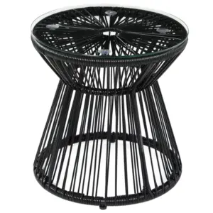 Best Round End Table, Rattan Side Table, Hollow Drum Design Coffee Table w/ Glass Tabletop for Patio, Garden, Balcony Black
