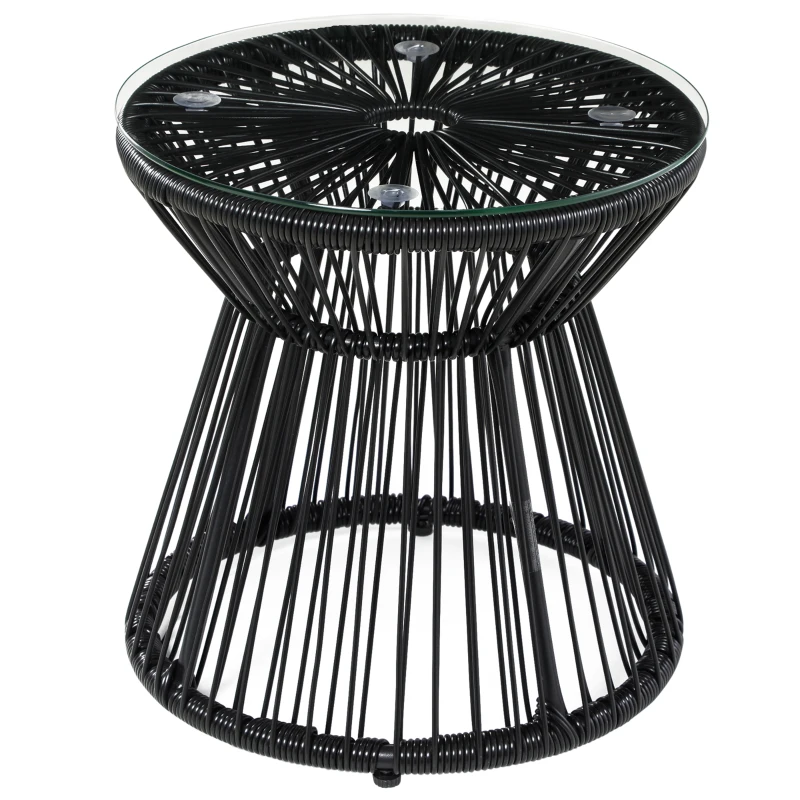 Best Round End Table, Rattan Side Table, Hollow Drum Design Coffee Table w/ Glass Tabletop for Patio, Garden, Balcony Black