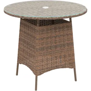 Best Wicker Garden Rattan Table, Patio Furniture Outdoor Coffee Table with Umbrella Hole and Tempered Glass Top, Brown