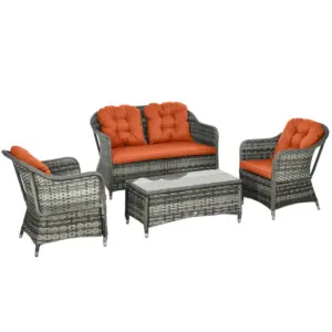 Best Four-Piece Rattan Sofa Set, with Glass-Top Table - Orange