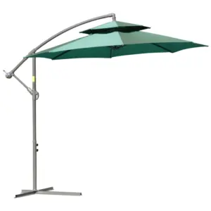 Best 2.7m Banana Parasol Cantilever Umbrella with Crank Handle, Double Tier Canopy and Cross Base for Outdoor, Hanging Sun Shade, Green