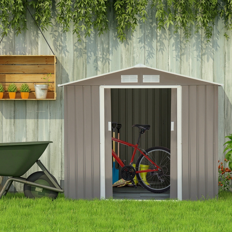 Best 7ft x 4ft Lockable Garden Metal Storage Shed Storage Roofed Tool Metal Shed w/ Air Vents Steel Grey - Image 10