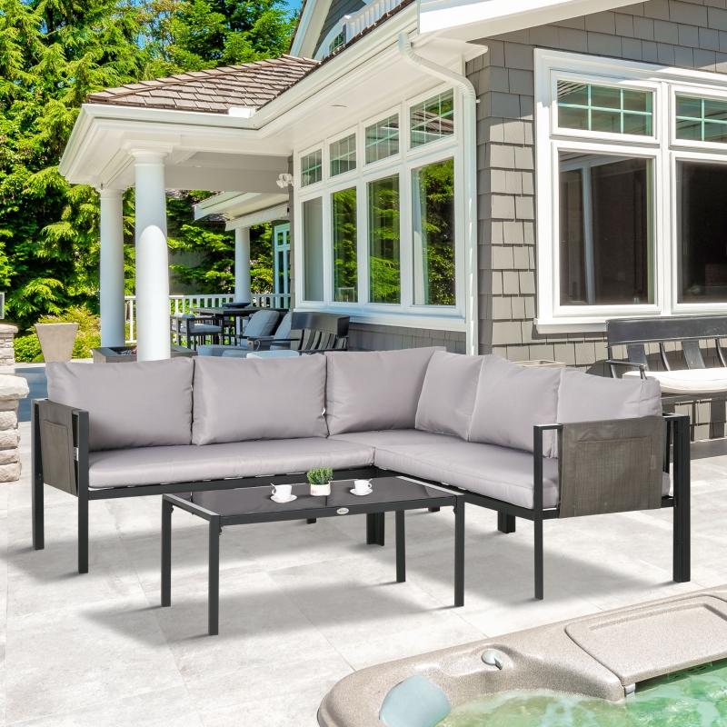 Best 5 Seater Garden Corner Sofa Set, 4 Pieces Metal Garden Furniture Set with Loveseats, Glass Top Coffee Table, Breathable Mesh Pocket, Outdoor Conversation Furniture with Cushions, Light Grey - Image 10