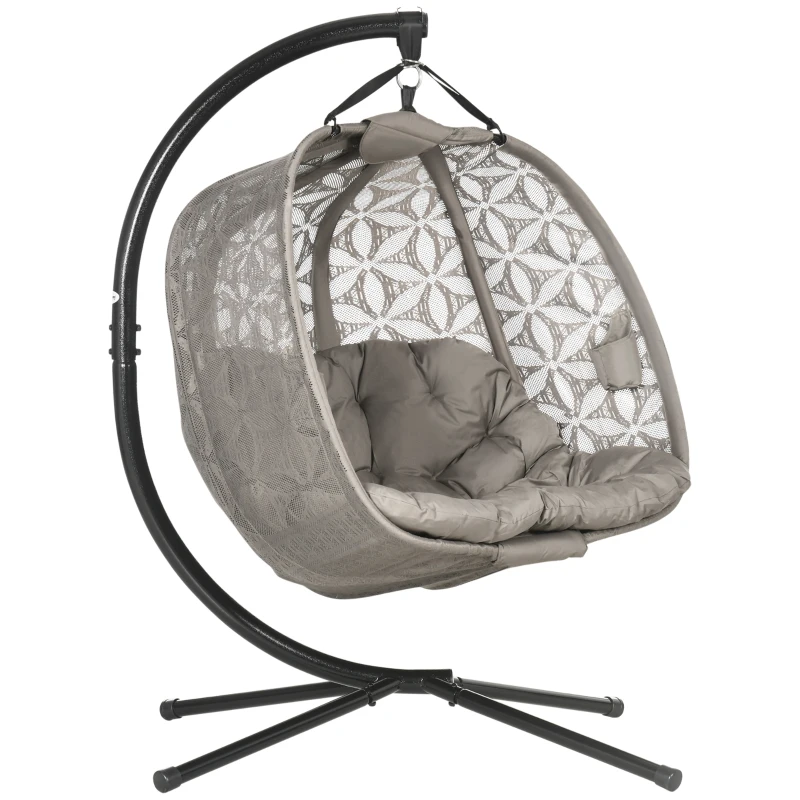 Best Outdoor Double Hanging Chair with Cushion and Cup Holders, Sand Brown