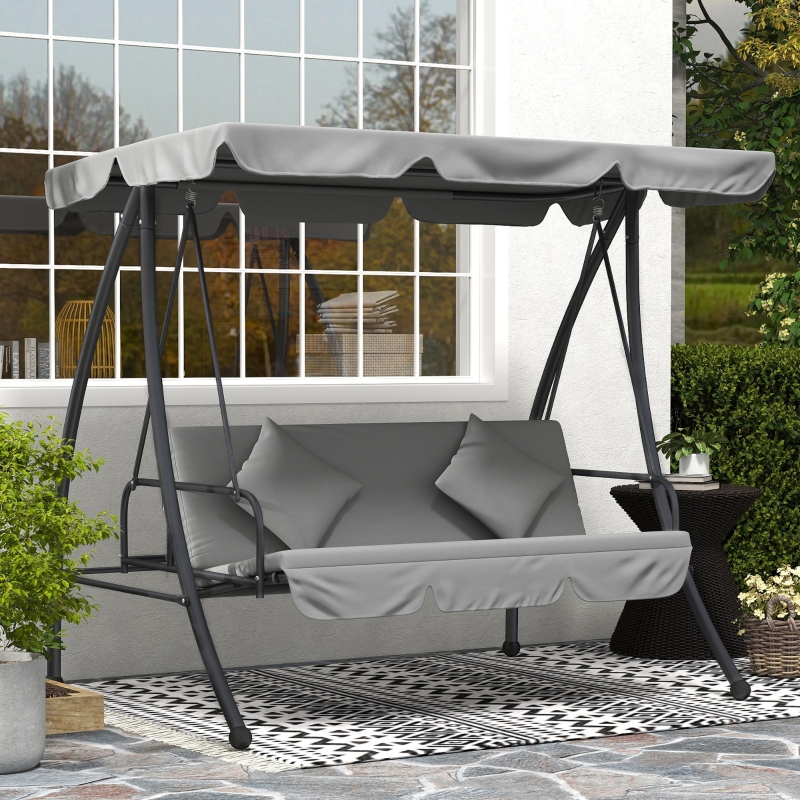 Best Outdoor 2-in-1 Swing Chair Lounger 3 Seater Garden Swing Seat Bed Convertible Tilt Canopy W/ Cushion, Light Grey - Image 10