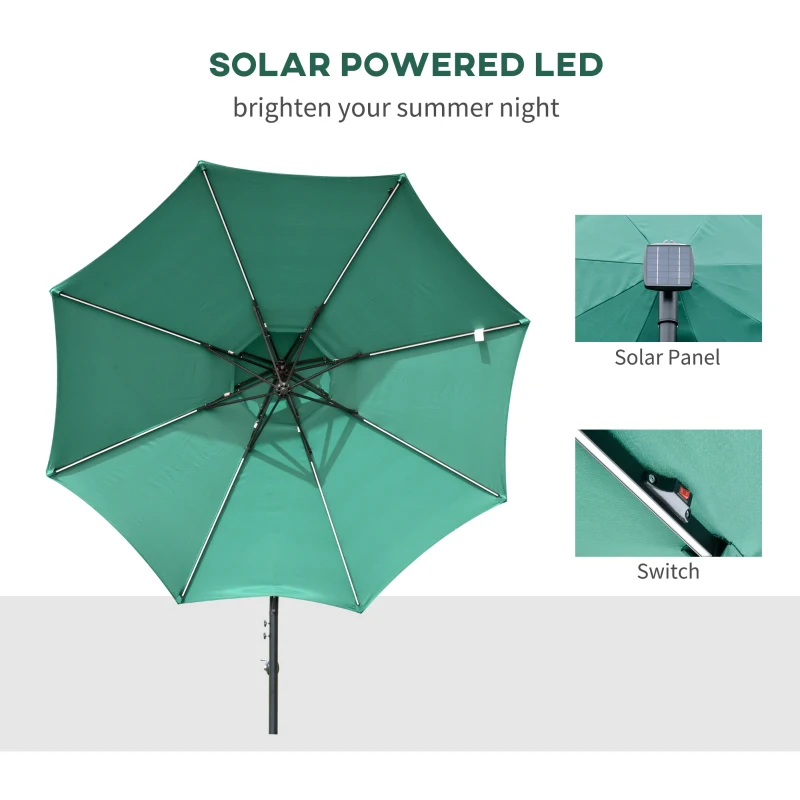 Best 3(m) Cantilever Banana Parasol Hanging Umbrella with Double Roof, LED Solar lights, Crank, 8 Sturdy Ribs and Cross Base for Outdoor, Garden, Patio, Green - Image 4