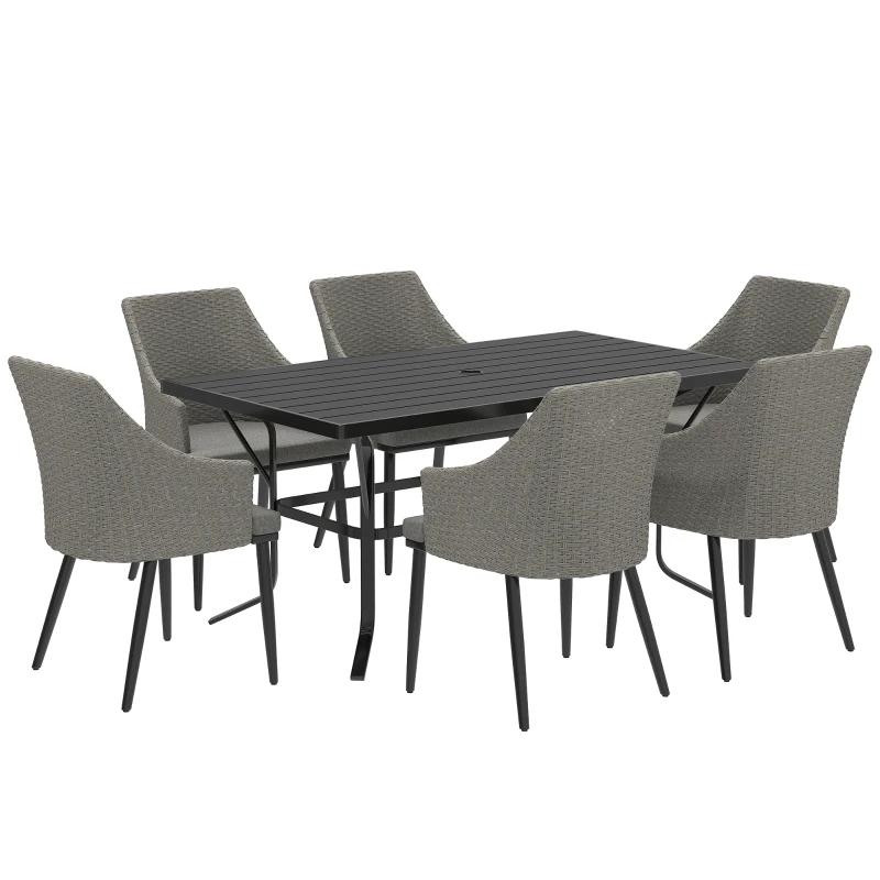 Best 6 Seater Rattan Dining Set with Cushions, Garden Furniture Set with Armchairs, Rectangle Slatted Table Top, Steel Frame, Parasol Hole, Wicker Outdoor Furniture for Patio, Balcony, Grey