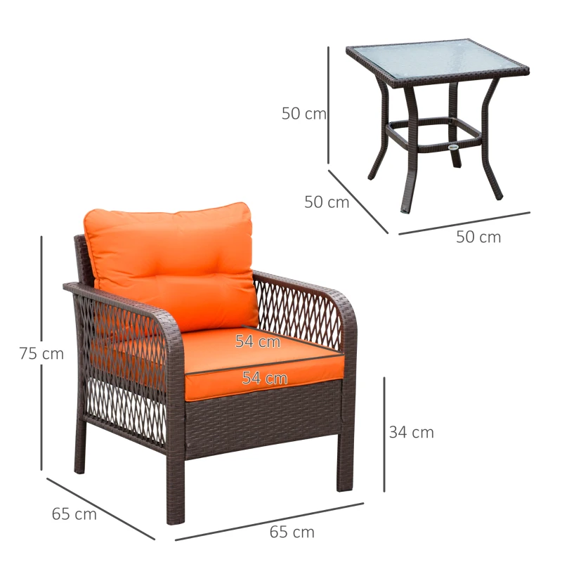 Best 3 Pieces Rattan Bistro Set with Glass Top Coffee Table, Chairs and Cushions for Outdoor, Patio, Balcony, Orange - Image 3