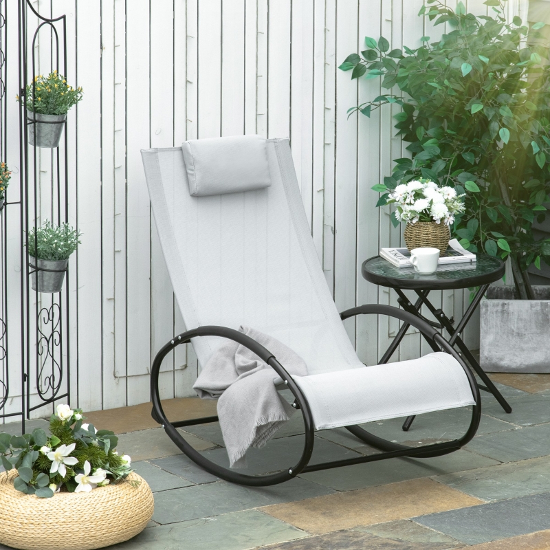 Best Outdoor Rocking Chair Sun Lounger Recliner Rocker with Texteline Fabric Patio Garden Relaxer with Pillow Grey - Image 10