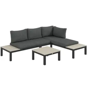 Best 3 Pieces Garden Furniture Set, Aluminium 4 Seater Corner Sofa Set with 2 Loveseats, Coffee Table and Side Trays, Outdoor Conversation Furniture with Cushions for Garden, Dark Grey