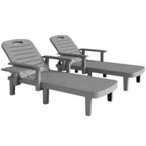 Best Set of 2 Resin Reclining Sun Loungers for Garden, 5 Positions Adjustable Outdoor Chaise Lounge Chairs with Wood Texture Surface, Armrests, Foldable Side Table for Garden, Beach, Dark Grey