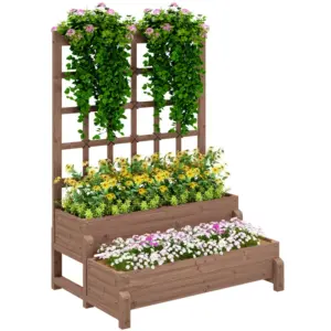 Best 2-Tier Raised Garden Bed with Trellis, Wooden Elevated Planter Box with Drainage Holes, Outdoor Raised Planter for Climbing Plants, Fruits, Vegetables, Flowers, Brown