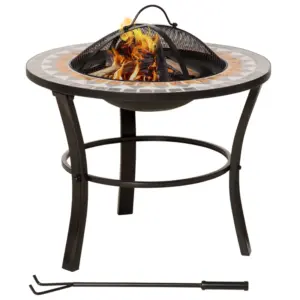 Best 60cm Outdoor Fire Pit Table with Mosaic Outer, Round Firepit with Spark Screen Cover, Fire Poker for Garden Bonfire Party