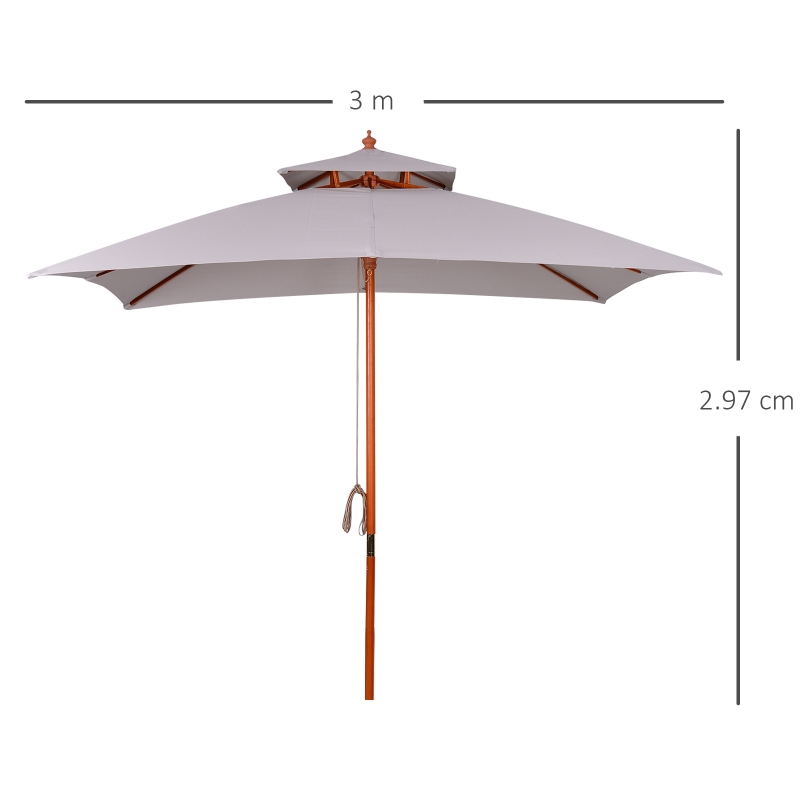 Best 3 x 3 (m) Garden Parasol Umbrella, Large Square Outdoor Patio Sunshade Canopy with Double Tier, 48 mm Wooden Pole, 8 Ribs for Balcony, Grey - Image 3