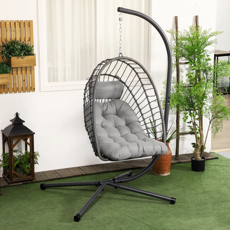 Best Outdoor PE Rattan Swing Chair with Foldable Basket and Cushion, Garden Patio Hanging Egg Chair with Metal Stand, Headrest for Indoor and Outdoor, Light Grey - Image 2