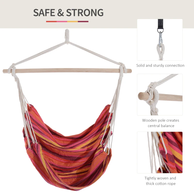 Best Outdoor Hanging Rope Chair with Cotton Rope, Garden Hammock Chair with Wooden Support Bar Cotton Cloth, Portable Garden Chair for Patio & Tree, Red - Image 4