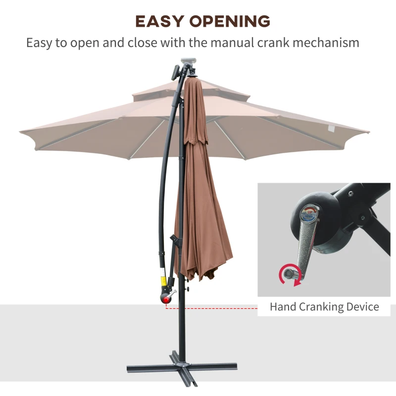 Best 3(m) Cantilever Banana Parasol Hanging Umbrella with Double Roof, LED Solar lights, Crank, 8 Sturdy Ribs and Cross Base for Outdoor, Garden, Patio, Coffee - Image 5
