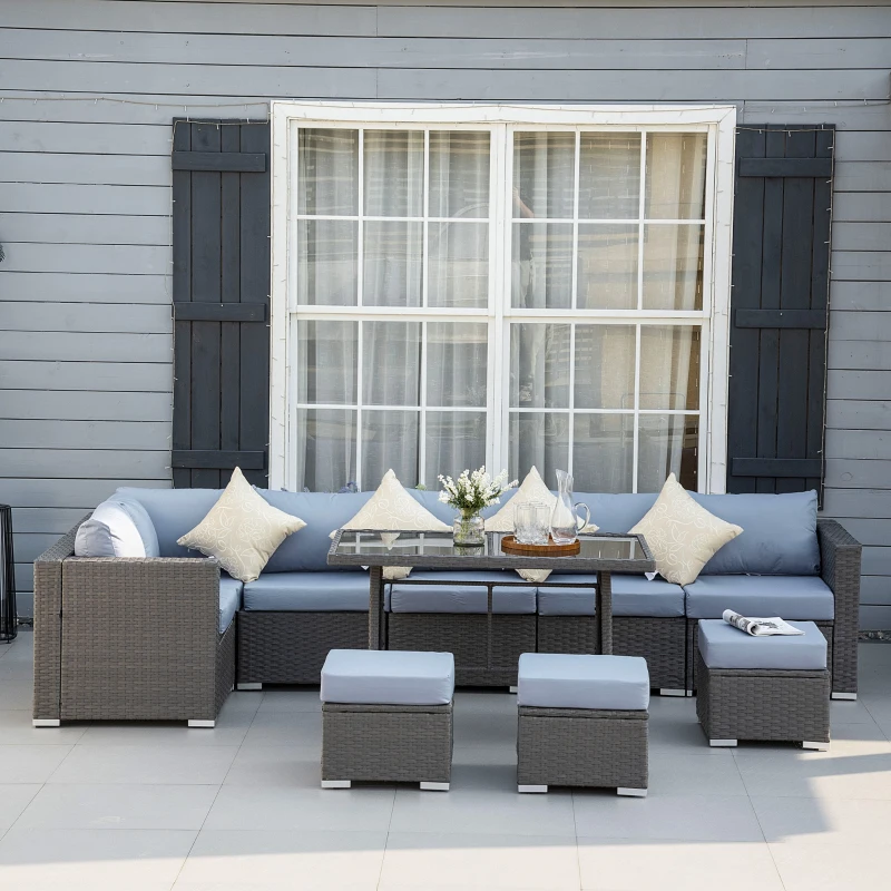 Best 9-Seater Garden Rattan Furniture 10 Pcs Rattan Corner Dining Sofa Set, Grey/Dusty Blue Cushion - Image 2