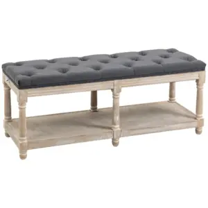Best 2-Tier Bed End Bench, Vintage Stool, Wooden Window Seat with Storage Shelf, Button Tufted Upholstered Footstool for Living Room, Bedroom, Entryway, Grey