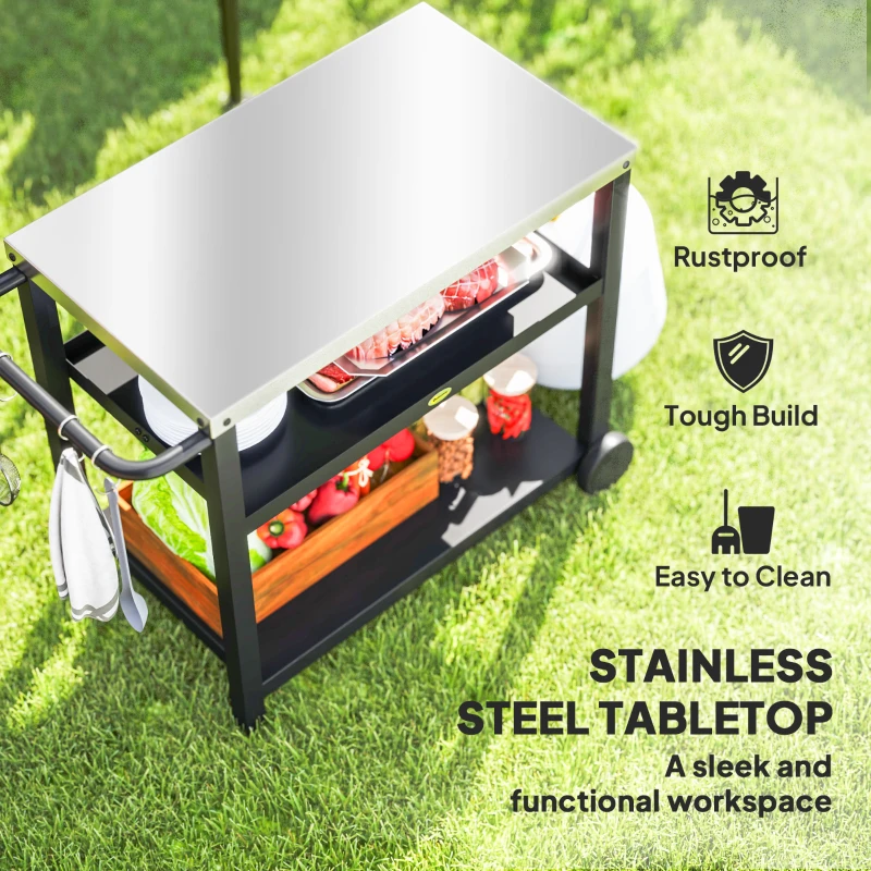 Best Outdoor Grill Dining Cart 3-Shelf Movable Pizza Oven Table Stand with Stainless Steel Top, Portable BBQ Trolley Food Prep Outdoor Kitchen BBQ Station with Hooks Wheels Handle, Charcoal Grey - Image 4