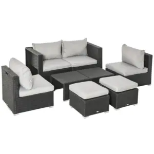 Best 8 Pieces PE Rattan Sofa Set with Cushions, Garden Corner Sofa with 4 Seater Sofa, 2 Footstools and 2 Coffee Table Set, Space-saving Design, No Assembly Required, Black