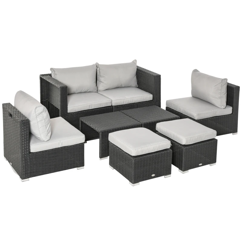 Best 8 Pieces PE Rattan Sofa Set with Cushions, Garden Corner Sofa with 4 Seater Sofa, 2 Footstools and 2 Coffee Table Set, Space-saving Design, No Assembly Required, Black