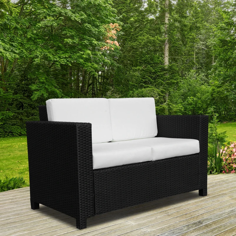 Best 2 Seater Rattan Sofa with Soft Padded Cushion, All-Weather PE Wicker Weave Garden Loveseat with Armrests, Black - Image 2