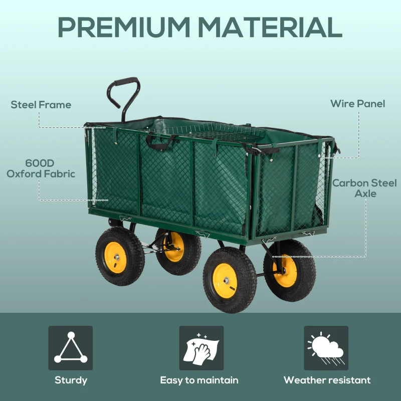 Best Large 4 Wheel Heavy Duty Garden Cart Truck Trolley Wheelbarrow with Handle and Metal Frame - Green - Image 7