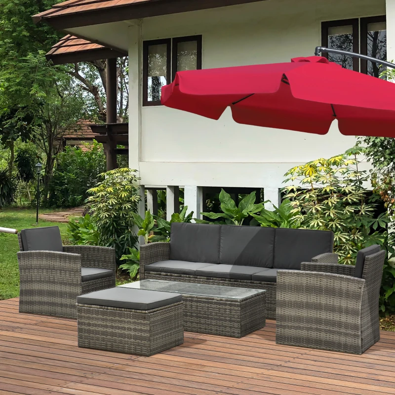 Best Rattan Garden Furniture Outdoor Patio 5 Piece Wicker Weave Sofa Set with Storage, Cushioned, 3-Seater Sofa + 2 Single Chairs + Foot Stool + Coffee Table - Image 2