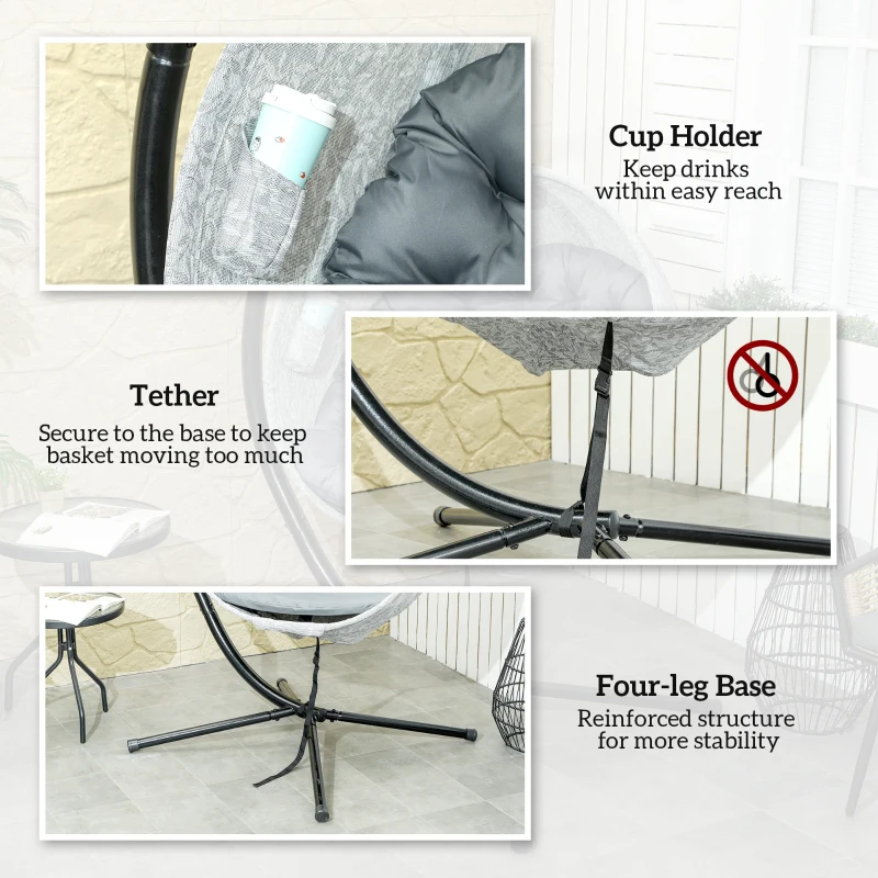 Best Hanging Egg Chair Outdoor Indoor Garden Swing Chair with Folding Basket, Garden Hanging Chair with Stand, Thickened Cushion, Cup Holder for Patio, Balcony, Grey - Image 7