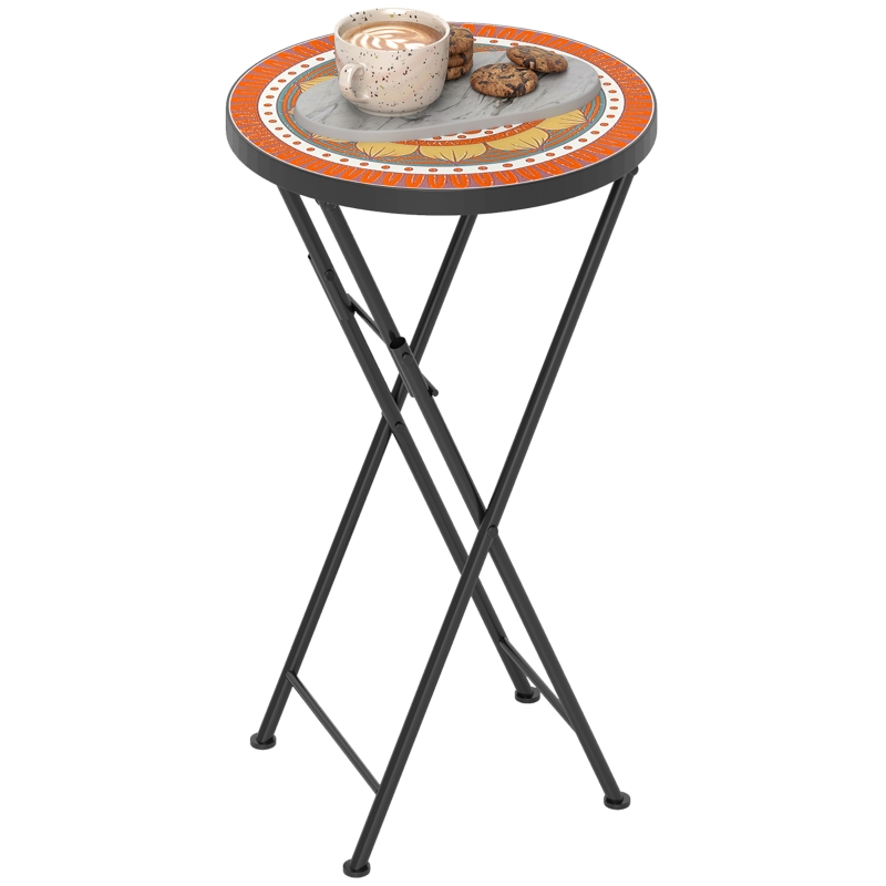 Best Mosaic Outdoor Garden Table, 35.5cm Round Folding Coffee Table with Metal Frame for Balcony Terrace, Orange - Image 10