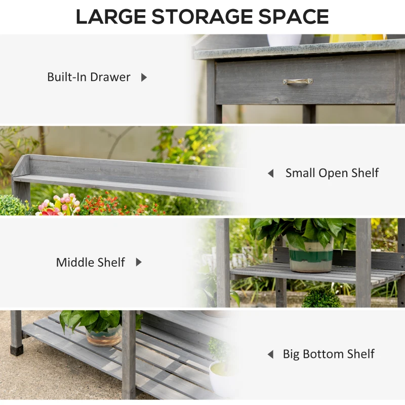 Best Garden Potting Table, Wooden Workstation Bench w/ Galvanized Metal Tabletop, Drawer, Storage Shelves and Hooks for Patios, Courtyards, Balcony - Image 5