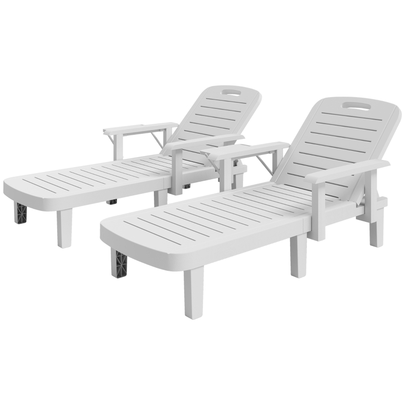Best Set of 2 Resin Reclining Sun Loungers for Garden, 5 Positions Adjustable Outdoor Chaise Lounge Chairs with Wood Texture Surface, Armrests, Foldable Side Table for Garden, Beach, White - Image 11