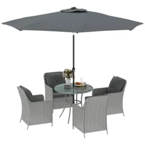 Best 4 Seater Rattan Dining Set with Parasol & Cushions - Light Grey