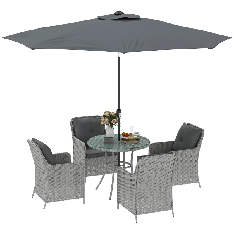 Best 4 Seater Rattan Dining Set with Parasol & Cushions - Light Grey