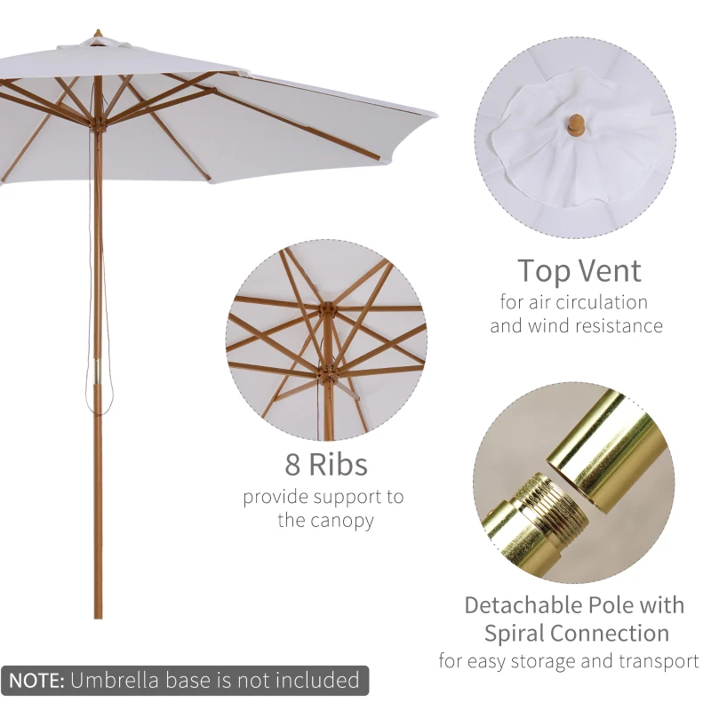 Best 3(m) Garden Parasol, Pulley Operated Patio Umbrella, Wooden Table Market Umbrella with Rope Pulley Mechanism and 8 Ribs, Cream White - Image 4