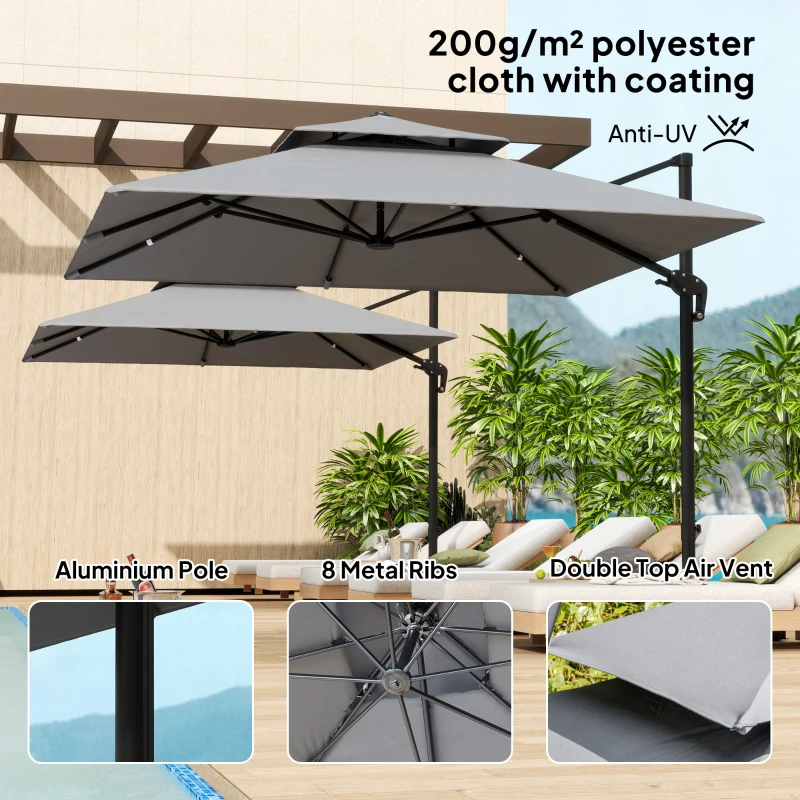 Best 3 x 3(m) Cantilever Parasol with Aluminium Frame, Crank and Tilt, 360° Rotation, Double Top Garden Umbrella with Base and Cover, Light Grey - Image 6