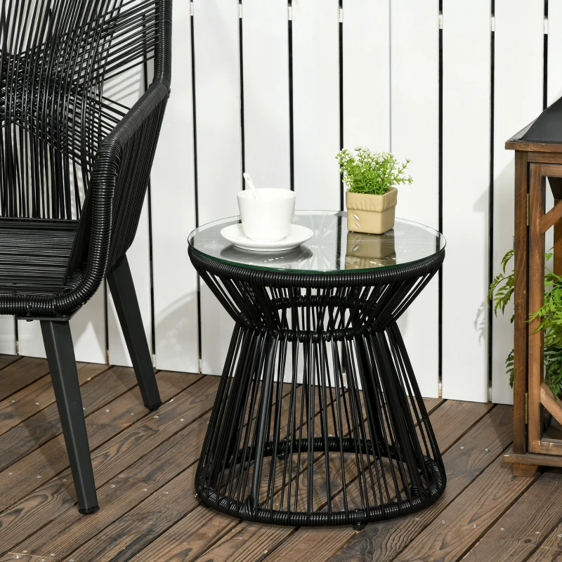 Best Round End Table, Rattan Side Table, Hollow Drum Design Coffee Table w/ Glass Tabletop for Patio, Garden, Balcony Black - Image 2