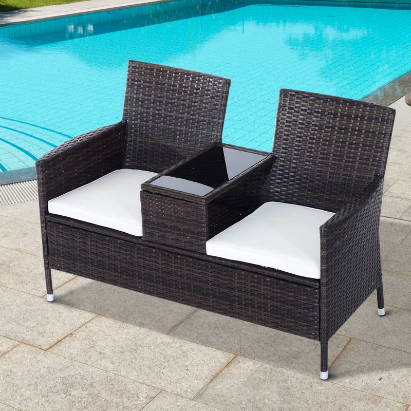 Best 2-Seater Rattan Chair Furniture Set W/ Middle Tea Table-Brown - Image 2