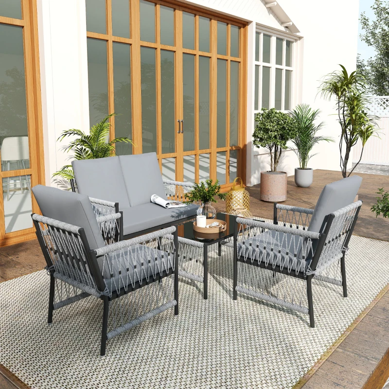 Best 4 Piece Rattan Garden Furniture Set, 4 Seater Wicker Patio Conversation Set with 2 Armchairs, Loveseat, Glass Top Coffee Table and Cushions for Outdoor, Balcony, Grey - Image 8