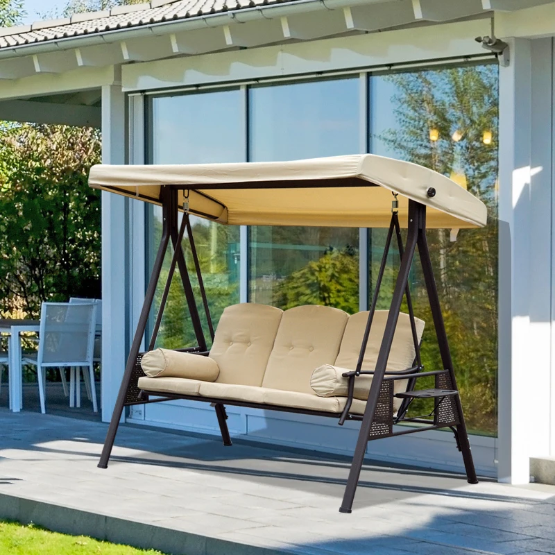 Best Swing Chair Hammock Chair 3 Seater Canopy Cushion Shelter Outdoor Bench Steel Beige - Image 2