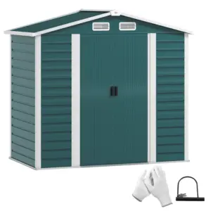 Best 7 x 4ft Garden Shed, Easy to Assemble, Upgraded Galvanised Steel Frame with Foundation Kit, Double Doors with Lock, Outdoor Metal Shed with Vents and Gloves, Garden Storage Shed, Green