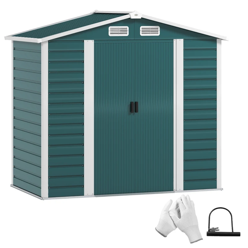 Best 7 x 4ft Garden Shed, Easy to Assemble, Upgraded Galvanised Steel Frame with Foundation Kit, Double Doors with Lock, Outdoor Metal Shed with Vents and Gloves, Garden Storage Shed, Green