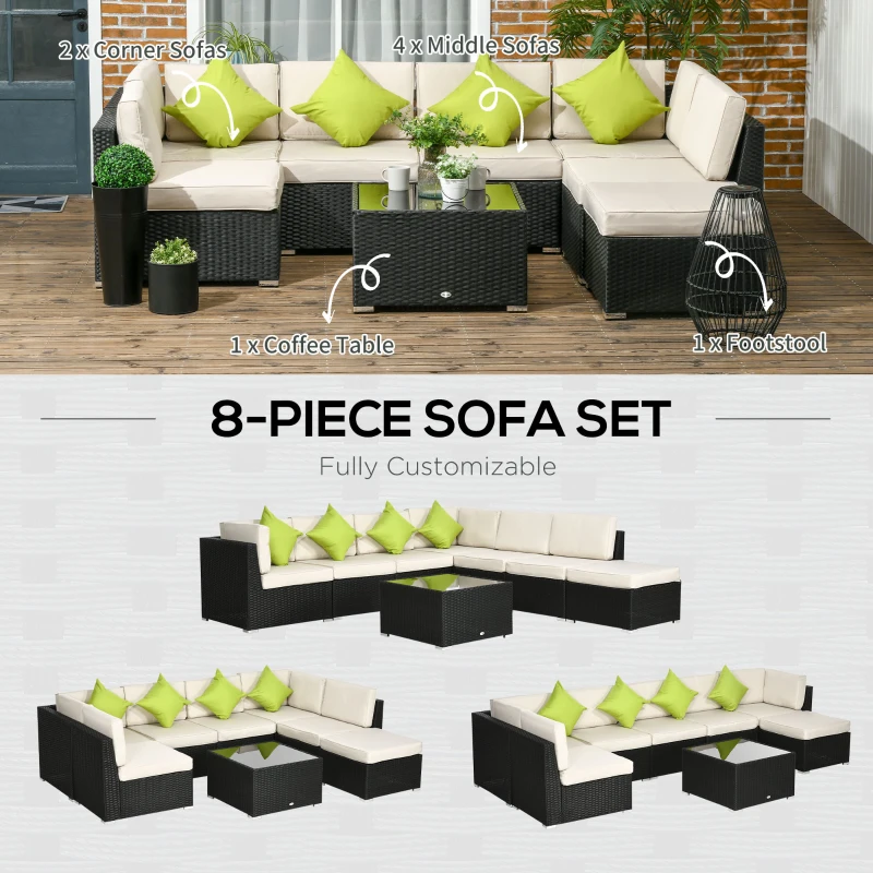 Best 8 Pieces PE Rattan Corner Sofa Set, Outdoor Garden Furniture Set, Patio Wicker Sofa Seater w/ Cushion, Washable Cushion Cover & Tempered Glass Table, Black - Image 6