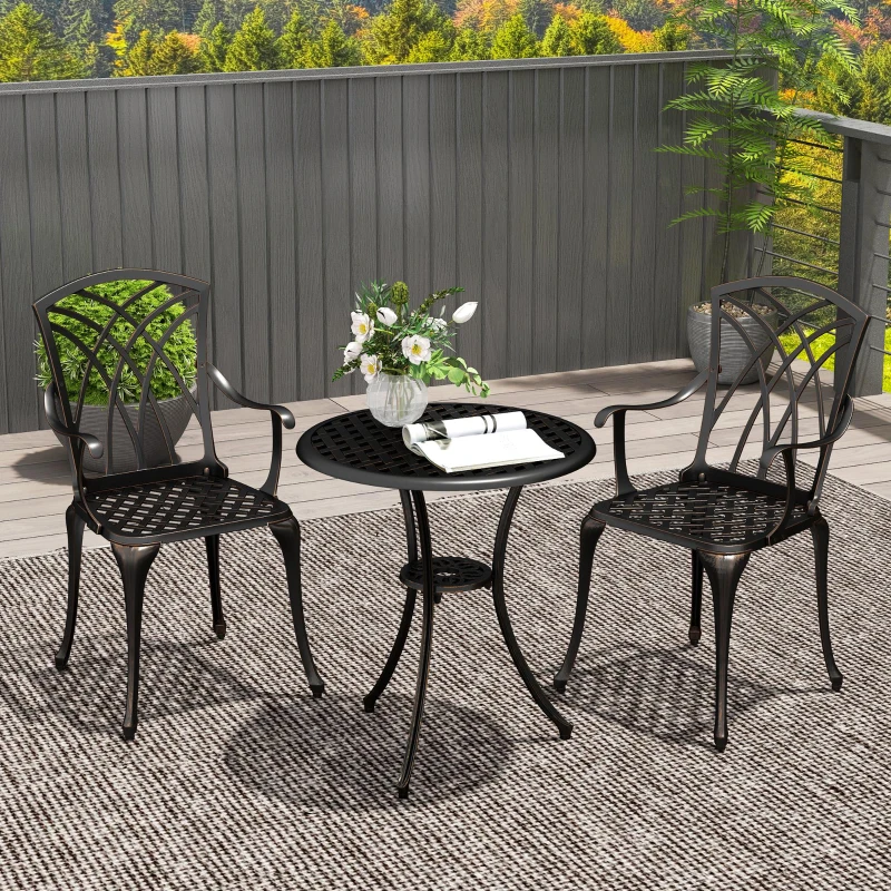 Best 3 Pieces Garden Dining Set for 2, Cast Aluminium Outdoor Dining Set with 2 Armchairs and Round Dining Table with Parasol Hole, Garden Furniture Set, Bronze Tone - Image 2