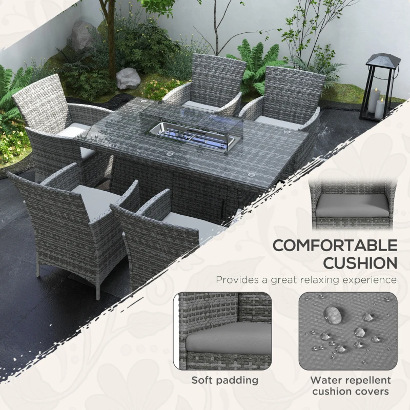 Best 7 Pieces Outdoor Rattan Garden Furniture with Fire Pit Table, 6 Seater Garden Table and Chairs with Cushions, Rattan Dining Set with Propane Heater Table, Windscreen, 50,000 BTU, Grey - Image 5