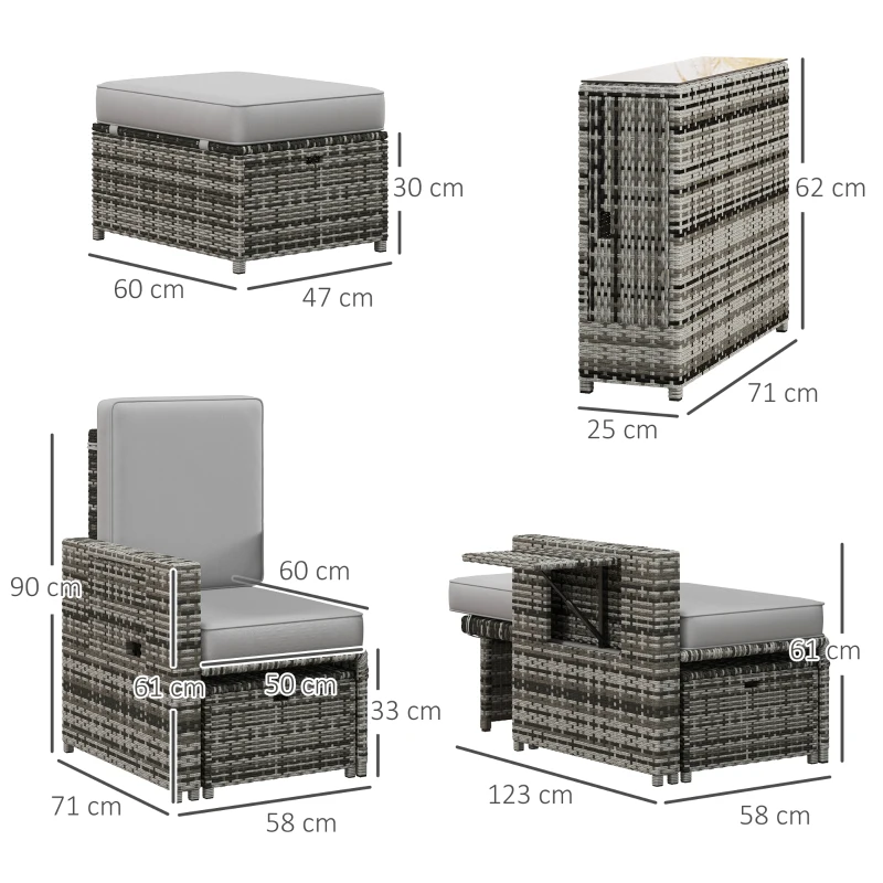 Best Rattan Sun Lounger w/ Storage Tea Table & Footstools, Grey - Image 3