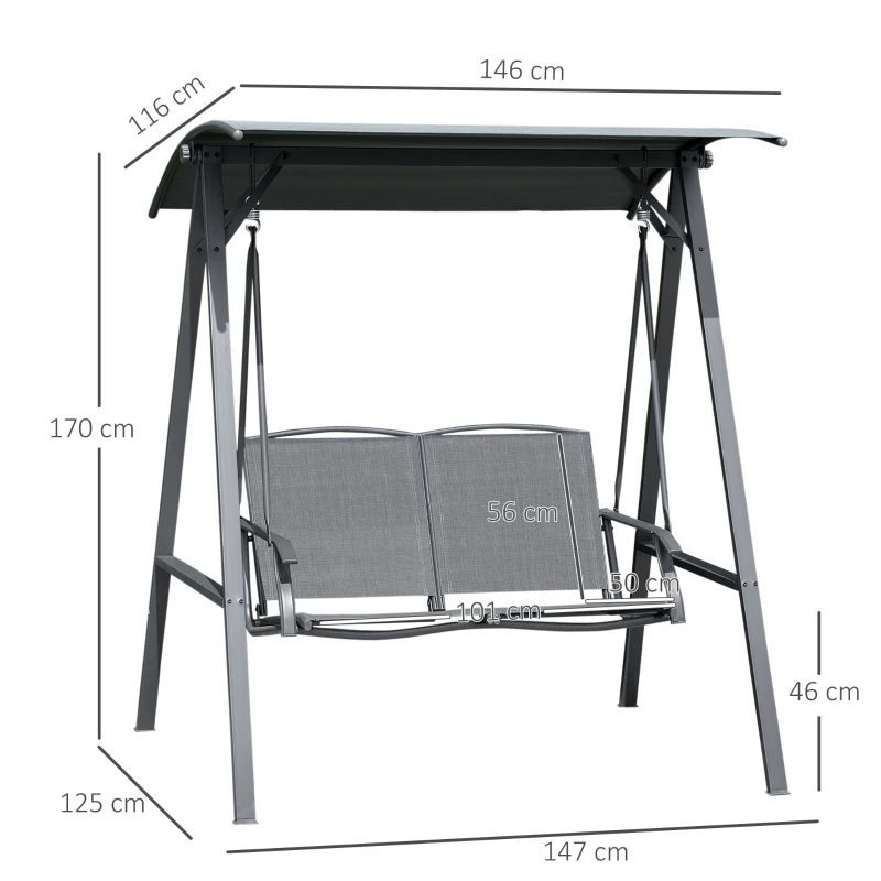 Best 2 Seater Garden Swing Seat Swing Chair, Outdoor Canopy Swing Bench with Adjustable Shade, Metal Frame and Texteline Seat, Dark Grey - Image 3