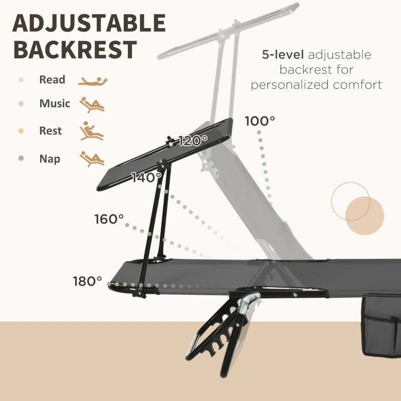 Best Set of Two Folding Sun Loungers, with Adjustable Backs and Sun Canopies - Grey - Image 4