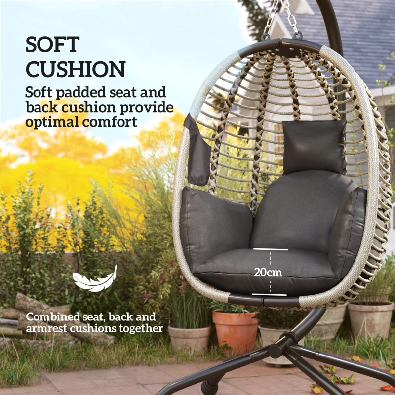 Best Outdoor Swing Chair with Thick Padded Cushion, Patio Hanging Egg Chair with Metal Stand, Foldable Basket, Cup Holder, Rope Structure for Indoor & Outdoor, Dark Grey - Image 6
